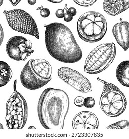 Exotische Frucht nahtlose Muster. Superfruits handgezeichnete Vektorgrafiken für die Lebensmittelmarkierung. Tropische Pflanzen Hintergrund. KEINE AI generiert