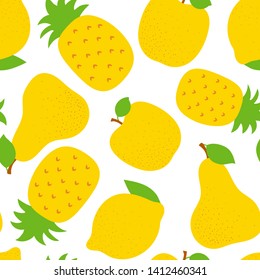 Exotic fruit seamless pattern. Sweet pineapple, pear and apple. Yellow lemon. Fashion design. Food print for dress, textile, curtain or linens. Hand drawn vector sketch background. Vegan menu