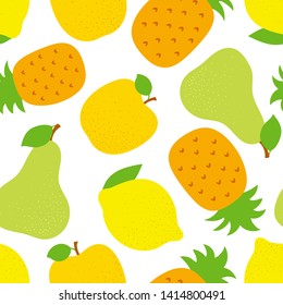 Exotic fruit seamless pattern. Sweet pineapple, pear and apple. Yellow lemon. Fashion design. Food print for dress, textile, curtain or linens. Hand drawn vector sketch background. Vegan menu