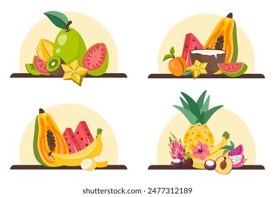 Exotic fruit set. Fresh Tropical fruits in peel, cut into circles, slices. Fruit clipart. Organic healthy food. Dragon fruit, papaya, kiwi, watermelon, coconut. Natural snack. Vector flat illustration