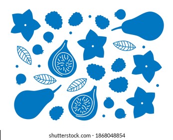 Exotic fruit silhouette set. Organic healthy food for menu design. Exotic pear, fig, raspberry, berries. Cartoon flat modern style. Summer tropical fruits print. Blue fruits print.