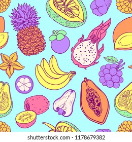 Exotic fruit vector seamless pattern. Banana, pineapple, papaya, mangosteen,mango, dragonfruit, starfruit, durian, kiwi, pamela illustration rapport. Summer fruit pastel colors background. 