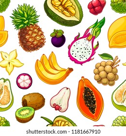 Exotic fruit vector seamless pattern. Banana, pineapple, papaya, mangosteen,mango, dragonfruit, starfruit, durian, kiwi, pamela illustration isolated on white. Summer fruit pastel colors background. 