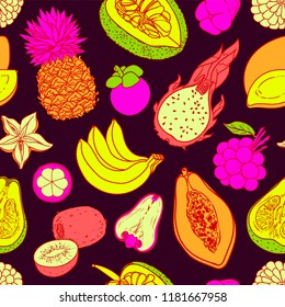 Exotic fruit vector seamless pattern. Banana, pineapple, papaya, mangosteen,mango, dragonfruit, starfruit, durian, kiwi, pamela illustration rapport. Summer fruit colorful background. 