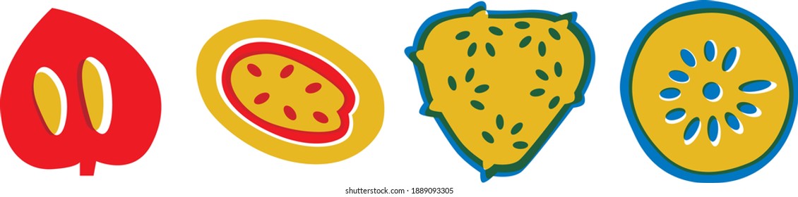 Exotic fruits abstract vector illustration. Cartoon flat slice tropical fruits. Fruits ingredients. Red, yellow, blue ummer print.