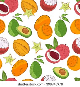 Exotic fruits. Background, wallpaper, seamless. Avocado, mangosteen, kumquat, carambola. Sketch. On a white background.
