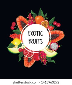 Exotic fruits banner isolated. Orange, papaya, dragon fruit. watermelon, strawberry and other