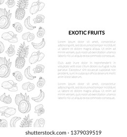 Exotic Fruits Banner Template with Place for Text, Tropical Plants Monochrome Hand Drawn Vector Illustration
