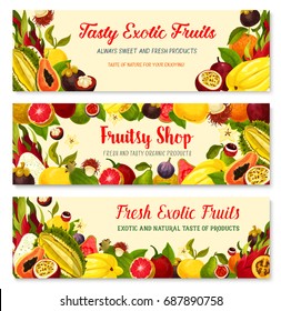 Exotic fruits banners set durian, mango or papaya and feijoa, fresh tropical mangosteen, carambola star fruit or rambutan and orange pomelo, dragonfruit pithaya, maracuya passion fruit or figs