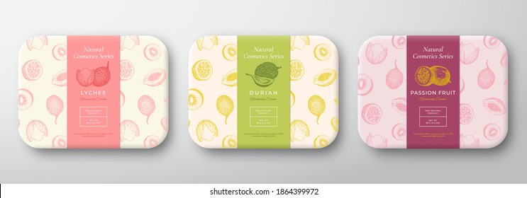 Exotic Fruits Bath Cosmetics Package Set. Abstract Vector Wrapped Container Labels. Packaging Design Collection. Hand Drawn Lychee, Durian And Passion Fruit Background Pattern Layout. Isolated.