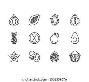 Frutas exóticas, juego de iconos de línea plana de bayas. Papaya, fruta del dragón, rambutan, higo, mangostino, aguacate, ilustraciones vectoriales de fécula. Símbolo de esquema marca la tienda de alimentos tropical Pixel perfecto Strotable Editable