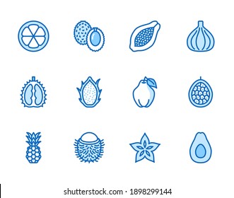 Exotic fruits, berry flat line icons set. Papaya, dragon fruit, rambutan, fig, mangosteen, avocado, starfruit vector illustrations. Outline signs for tropical food store. Blue color, Editable Stroke.