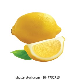 Exotic fruits big set realistic composition with images of lemon with slice and leaf vector illustration