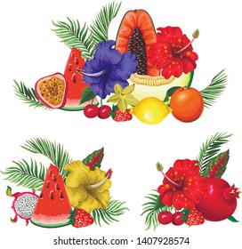 Exotic fruits bouquets isolated. Orange, papaya, dragon fruit. watermelon, strawberry and other