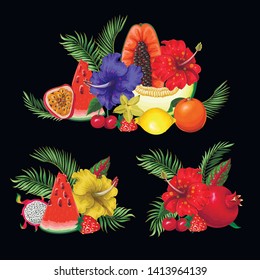 Exotic fruits bouquets isolated. Orange, papaya, dragon fruit. watermelon, strawberry and other