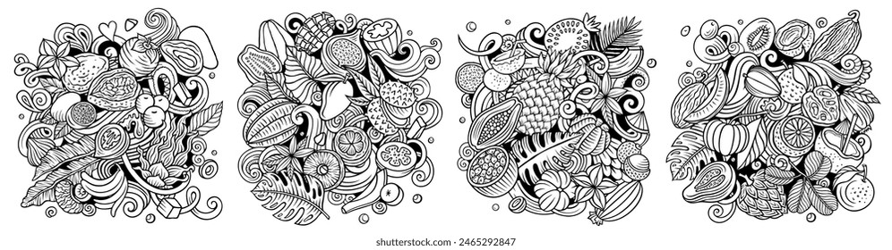 Exotic fruits cartoon vector doodle designs set. Sketchy detailed compositions with lot of nature food objects and symbols banner.