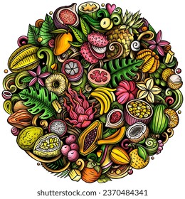 Exotic Fruits cartoon vector doodles round illustration. Tropical food elements and objects background. Bright colors funny picture. All items are separated