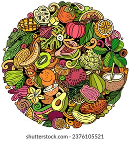 Exotic Fruits cartoon vector doodles round illustration. Tropical food elements and objects background. Bright colors funny picture. All items are separated