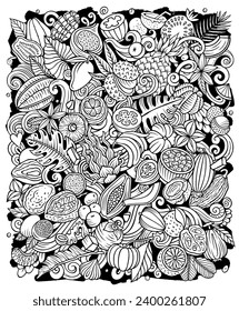 Exotic Fruits cartoon vector doodles illustration. Tropical food elements and objects background. Sketchy funny picture. All items are separated