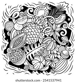 Exotic Fruits cartoon vector doodles illustration. Tropical food elements and objects background. Sketchy funny picture