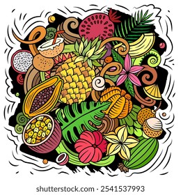 Exotic Fruits cartoon vector doodles illustration. Tropical food elements and objects background. Bright colors funny picture