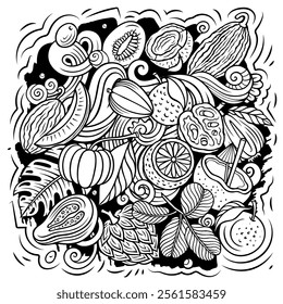 Exotic Fruits cartoon vector doodles illustration. Tropical food elements and objects background. Sketchy funny picture