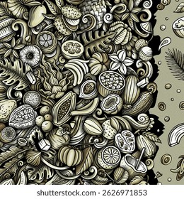 Exotic Fruits cartoon vector doodles frame illustration. Tropical food elements and objects background. Monochrome funny picture. All items are separated