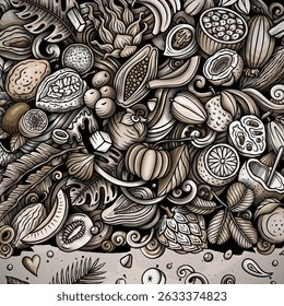 Exotic Fruits cartoon vector doodles frame illustration. Tropical food elements and objects background. Monochrome funny picture. All items are separated