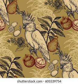 Exotic fruits and Cockatoo bird. Seamless pattern oriental style. Hand drawing. Vector illustration. Luxury art background. Template for packaging, textiles, paper, fashion. Gold, black and red colors