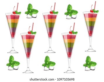 Exotic fruits cocktail pattern Vector realistic. Layers of different fruits strawberry, blueberry, kiwi, orange, cherry. ice cubes