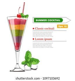 Exotic fruits cocktail Vector realistic. Layers of different fruits strawberry, blueberry, kiwi, orange, cherry. ice cubes