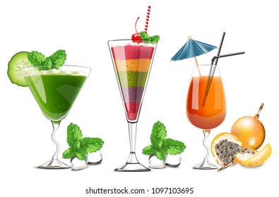 Exotic fruits cocktails glasses isolated Vector realistic. Tropic summer drinks detailed 3d collections
