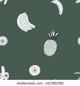 Exotic fruits color vector seamless pattern. Tropical food. Pineapple, banana, kiwi. Linear fruits drawing. Healthy lifestyle. Decorative kitchen textile, wallpaper, wrapping paper design