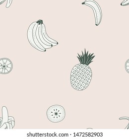 Exotic fruits color vector seamless pattern. Tropical food. Pineapple, banana, kiwi. Linear fruits drawing. Healthy lifestyle. Decorative kitchen textile, wallpaper, wrapping paper design