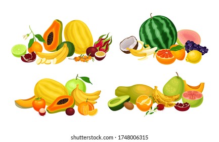 Exotic Fruits Composition with Banana Bunch and Papaya Vector Set