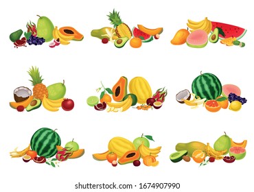 Exotic Fruits Composition with Pitaya and Papaya Vector Set