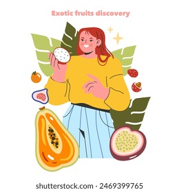 Exotic Fruits Discovery. Mujer entusiasta que explora diversas frutas tropicales, que exhibe la papaya fresca, la fruta de la pasión, y la fruta del dragón. Ilustración vectorial.