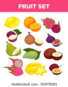 Exotic fruits of dragon fruit, carambola starfruit and mango, tropical drgaonfruit pithaya and passionfruit. Vector isolated icons of figs, lychee or orange citrus and coconut