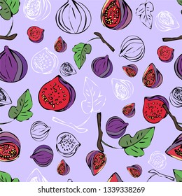 Exotic fruits. Figs pattern. All elements are isolated. Sketchy style illustration for menu, postcard, flyer, cafe.