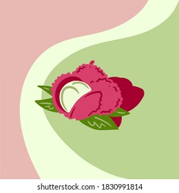 Exotic fruits flat illustration.Fruity Tropical vibes in round frame of asian plants.Doodle colourful poster of tamarillo, passion fruit, Mangosteen, Lychee, custard apple, figs and kiwi drawing.