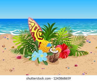 Exotic fruits, flowers and leaves composition. Colorful surfboard, coconut cocktail and pineapple on sand beach and ocean background. Summer time vector illustration.