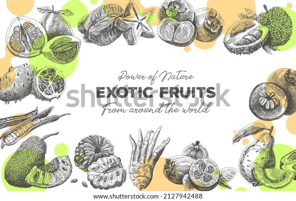 Exotic fruits frame. Vintage vector\
hand-drawn\
illustration.