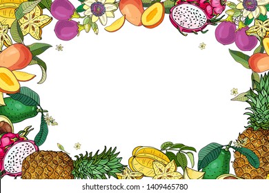 Exotic Fruits Frame.Avocado,carambola,mango,pitahaya,pineapple,passion Fruit.Bright Summer Vector Illustration.Hand Drawing.