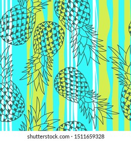 Exotic fruits, hand drawn overlapping background. Colorful tropical wallpaper vector. Seamless pattern with pineapples. Decorative colored illustration, good for printing