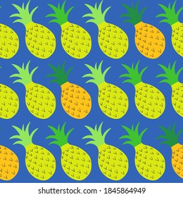 Exotic fruits, hand drawn overlapping background. Colorful tropical wallpaper vector. Seamless pattern with pineapples. Decorative colored illustration, good for printing