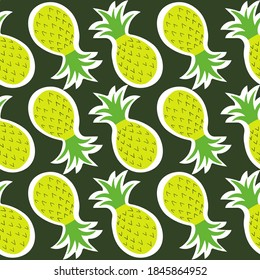 Exotic fruits, hand drawn overlapping background. Colorful tropical wallpaper vector. Seamless pattern with pineapples. Decorative colored illustration, good for printing
