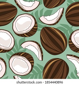 Exotic fruits, hand drawn overlapping background. Colorful tropical wallpaper vector. Seamless pattern with coconuts, palm leaves. Decorative colored illustration, good for printing