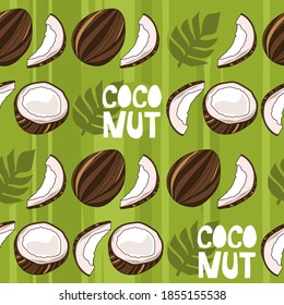 Exotic fruits, hand drawn overlapping background. Colorful tropical wallpaper vector. Seamless pattern with coconuts, palm leaves. Decorative colored illustration, good for printing
