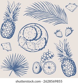Frutos exóticos desenhados à mão padrão sem costura. Rabiscar de verão. Ilustração de arte de linha de abacaxi, laranjas, morangos. Elementos de plano de fundo de um gráfico colorido.