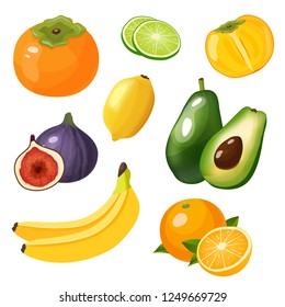 Exotic fruits icon set with persimmon, avocado, lemon, lime, banana oranges, fig isolated on white background vector illustration